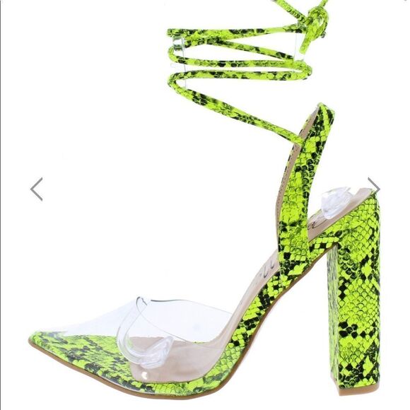 Neon Yellow Pointed Toe Ankle Wrap Tall Block Heel - Picture 1 of 7